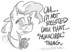 Size: 1261x904 | Tagged: safe, artist:flutterthrash, mayor mare, earth pony, pony, g4, black and white, dialogue, female, grayscale, mare, monochrome, municipal waste, simple background, solo, white background