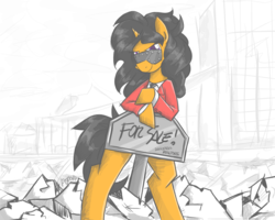 Size: 1200x960 | Tagged: safe, artist:flutterthrash, oc, oc only, pony, unicorn, semi-anthro, arm hooves, black hair, black mane, clothes, commission, female, for sale, glasses, heavy metal, mare, megadeth, ponified, ponified album cover, sign, solo, standing, suit, thrash metal