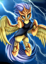 Size: 2550x3509 | Tagged: safe, artist:pridark, oc, oc only, pegasus, pony, armor, chainmail, clothes, commission, high res, lightning, looking at you, mask, solo, warrior