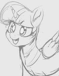 Size: 489x624 | Tagged: safe, artist:tre, twilight sparkle, alicorn, pony, female, grayscale, mare, monochrome, open mouth, simple background, sketch, smiling, solo, twilight sparkle (alicorn)