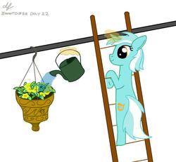 Size: 837x773 | Tagged: safe, artist:dafiltafish, lyra heartstrings, pony, unicorn, g4, female, flower, flower pot, ladder, levitation, magic, magic aura, mare, simple background, solo, telekinesis, white background