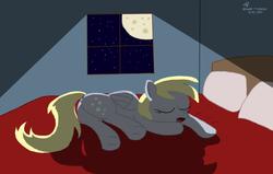 Size: 1286x817 | Tagged: safe, artist:dafiltafish, derpy hooves, g4, bed, female, moon, moonlight, sleeping, solo, window