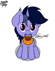 Size: 961x1240 | Tagged: safe, artist:php142, oc, oc only, oc:purple flix, basket, candy, cute, food, halloween, holiday, jack-o-lantern, looking at you, looking up, looking up at you, mouth hold, nightmare night, pumpkin, pumpkin bucket, simple background, sitting, solo, trick or treat, white background