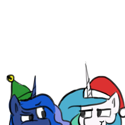 Size: 1200x1200 | Tagged: safe, artist:anticular, princess celestia, princess luna, alicorn, pony, ask sunshine and moonbeams, g4, bust, christmas, duo, elf hat, female, hat, holiday, mare, royal sisters, santa hat, simple background, white background