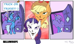 Size: 808x477 | Tagged: safe, artist:stardust breaker, applejack, rarity, trixie, g4, carousel boutique, deathbulge, female, group, halloween, holiday, joey wheeler's creepy chin, nightmare fuel, nope, the deathbulge party saga, trixie day, wat, wtf, yu-gi-oh!