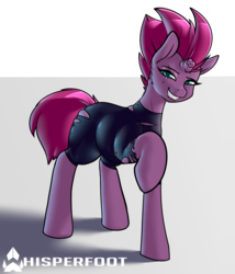 Size: 1094x1280 | Tagged: safe, artist:whisperfoot, tempest shadow, pony, unicorn, g4, my little pony: the movie, broken horn, clothes, eye scar, female, horn, mare, raised hoof, scar, solo, tight clothing, torn clothes
