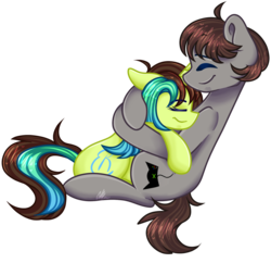 Size: 1715x1659 | Tagged: safe, artist:sketchyhowl, oc, oc only, oc:equine palette, oc:gamer score, earth pony, pony, female, hug, male, mare, simple background, stallion, transparent background