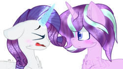 Size: 1244x702 | Tagged: safe, artist:emerald-bliss, rarity, starlight glimmer, pony, g4, alternate hairstyle, blushing, duo, duo female, female, magic, mare, simple background, transparent background