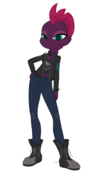 Size: 1936x3223 | Tagged: safe, artist:underwoodart, tempest shadow, equestria girls, g4, my little pony: the movie, boots, clothes, equestria girls-ified, female, jacket, pants, ripped pants, shoes, simple background, solo, torn clothes, transparent background, younger