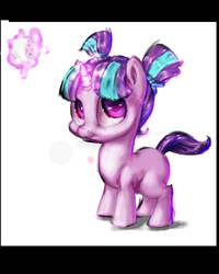 Size: 1000x1250 | Tagged: safe, artist:mindofor, starlight glimmer, pony, unicorn, blank flank, bow, dice, female, filly, filly starlight glimmer, glowing horn, looking sideways, magic, pigtails, ribbon, simple background, smiling, solo, telekinesis, white background, younger