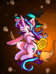 Size: 768x1024 | Tagged: safe, artist:jackytheripperart, starlight glimmer, pony, unicorn, g4, broom, chest fluff, eyebrows, female, flying, flying broomstick, halloween, hat, holiday, jack-o-lantern, pumpkin, pumpkin bucket, solo, witch, witch hat