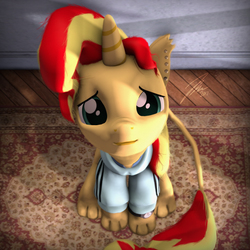 Size: 5400x5400 | Tagged: safe, artist:imafutureguitarhero, part of a set, sunset shimmer, pony, sphinx, unicorn, g4, 3d, absurd resolution, adidas, badumsquish's kitties, carpet, cheek fluff, chest fluff, clothes, cute, female, hair, high angle, hnnng, hoodie, horn, inspired by another artist, lidded eyes, looking at you, looking down, looking up, looking up at you, messy hair, messy mane, messy tail, nose wrinkle, paws, piercing, sad, sadorable, shimmerbetes, signature, sitting, solo, source filmmaker, species swap, sphinxified, studs, tracksuit, watch, wooden floor