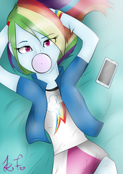 Size: 2149x3035 | Tagged: safe, artist:xxdestinyrosexx, rainbow dash, equestria girls, g4, arm behind head, bed, bubble, bubblegum, cellphone, clothes, female, food, gum, high res, looking at you, looking up, looking up at you, lying down, on back, phone, smartphone, solo