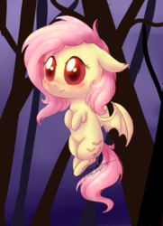 Size: 2260x3116 | Tagged: safe, artist:pucksterv, fluttershy, bat pony, pony, g4, bat wings, big eyes, blushing, chibi, cute, cute little fangs, fangs, female, floppy ears, flutterbat, forest, high res, hooves to the chest, looking at you, race swap, red eyes, shyabates, shyabetes, solo, spread wings, wings