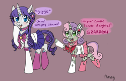 Size: 3600x2297 | Tagged: safe, artist:lamentedmusings, rarity, sweetie belle, pony, unicorn, zombie, g4, clothes, cosplay, costume, cute, diasweetes, female, halloween, high res, holiday, mare, raribetes, ripped stockings, sailor chibi moon, sailor moon (series), sailor senshi, sailor suit, scar, sisters, torn clothes