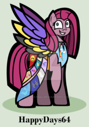 Size: 400x570 | Tagged: safe, artist:happydays64, pinkie pie, earth pony, pony, fanfic:cupcakes, g4, clothes, cutie mark dress, dress, female, horn, horn necklace, mare, necklace, pinkamena diane pie, severed horn, solo, watermark