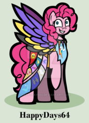Size: 400x553 | Tagged: safe, artist:happydays64, pinkie pie, earth pony, pony, fanfic:cupcakes, g4, cutie mark dress, female, horn, horn necklace, necklace, severed horn, solo, watermark