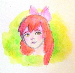 Size: 1357x1323 | Tagged: safe, artist:taikajameson, apple bloom, human, g4, female, humanized, solo, traditional art, watercolor painting