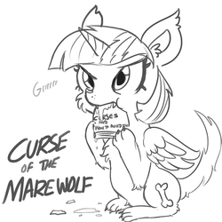 Size: 863x863 | Tagged: safe, artist:tjpones, twilight sparkle, alicorn, hengstwolf, pony, werewolf, g4, alternate cutie mark, black and white, book, cheek fluff, chest fluff, cute, drool, ear fluff, eating, female, grayscale, growling, monochrome, simple background, solo, species swap, twiabetes, twilight sparkle (alicorn), white background