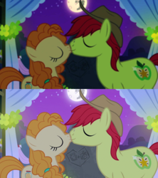 Size: 1280x1440 | Tagged: safe, edit, edited screencap, screencap, bright mac, pear butter, g4, the perfect pear, comparison, female, kiss on the lips, kissing, male, retro, retro filter, ship:brightbutter, shipping, straight, vintage