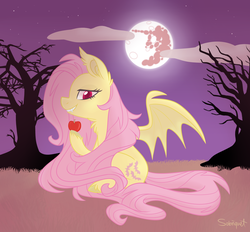 Size: 1024x950 | Tagged: safe, artist:flourret, fluttershy, bat pony, pony, apple, chest fluff, cloud, ear fluff, fangs, female, flutterbat, food, full moon, hoof hold, lidded eyes, long mane, looking at you, mare in the moon, moon, night, outdoors, profile, race swap, red eyes, signature, sitting, sky, slit pupils, smiling, smirk, solo, spread wings, tree, unshorn fetlocks, wings