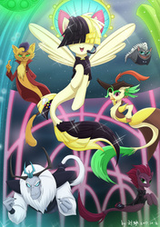 Size: 2556x3626 | Tagged: safe, artist:liu ting, capper dapperpaws, captain celaeno, grubber, songbird serenade, storm king, tempest shadow, catfish, pegasus, pony, seapony (g4), g4, my little pony: the movie, bubble, chest fluff, clothes, crepuscular rays, fin wings, fins, fish tail, flowing mane, flowing tail, high res, ocean, open mouth, open smile, seaponified, seapony songbird serenade, seapony tempest shadow, seaquestria, seaweed, smiling, species swap, spread wings, swimming, tail, underwater, water, wings
