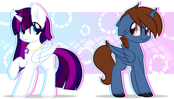 Size: 7000x4000 | Tagged: safe, artist:twily-star, oc, oc only, oc:headlong flight, oc:twily star, alicorn, pony, abstract background, alicorn oc, duo, female, jewelry, male, mare, movie accurate, necklace, stallion