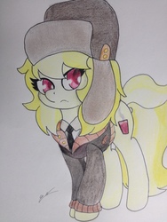 Size: 2448x3264 | Tagged: safe, artist:luxiwind, march gustysnows, pony, g4, princess spike, clothes, female, hat, high res, mare, solo, traditional art, ushanka
