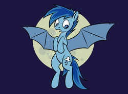 Size: 1280x942 | Tagged: safe, artist:replacer808, oc, oc only, oc:happy dream, bat pony, cutie mark, flat colors, flying, looking down, male, moon, simple background, stallion