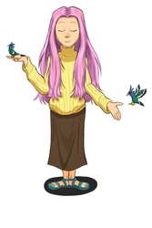 Size: 1000x1500 | Tagged: safe, artist:doorooz, fluttershy, bird, human, g4, clothes, female, humanized, long hair, sandals, skirt, smiling, solo, sweater, sweatershy, toes, turtleneck