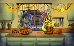 Size: 1572x974 | Tagged: safe, artist:moonlightfl, oc, oc only, oc:artline, oc:cosmia nebula, banana, clock, food, halloween, holiday, jack-o-lantern, kitchen, knife, moon, nightmare night, pentagram, pumpkin, pumpkin carving, spoon, tree