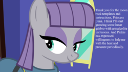 Size: 800x450 | Tagged: safe, edit, edited screencap, editor:korora, screencap, maud pie, g4, maud pie (episode), implied princess luna, smiling, text, that pony sure does love rocks, train, when she smiles