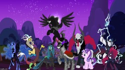 Size: 888x499 | Tagged: safe, artist:edro, discord, king sombra, lord tirek, nightmare moon, pony of shadows, queen chrysalis, starlight glimmer, storm king, stygian, tempest shadow, alicorn, centaur, changeling, changeling queen, draconequus, pony, unicorn, g4, my little pony: the movie, shadow play, antagonist, armor, broken horn, every villain, glowing eyes, horn, night, ponyville, spread wings, staff, staff of sacanas, villains of equestria, wings