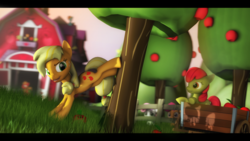 Size: 1024x576 | Tagged: safe, artist:turbovilka, apple bloom, applejack, big macintosh, rainbow dash, scootaloo, sweetie belle, g4, 3d, apple, cutie mark crusaders, food, source filmmaker, sweet apple acres