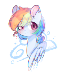 Size: 622x738 | Tagged: safe, artist:windymils, rainbow dash, pegasus, pony, blushing, bust, colored pupils, cute, dashabetes, female, looking at you, mare, multicolored hair, portrait, simple background, solo, white background
