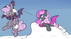 Size: 1117x622 | Tagged: safe, artist:egophiliac, artist:xwoofyhoundx, color edit, edit, oc, oc only, oc:heartbeat, oc:sirocca, bat pony, pony, clothes, colored, duo, hat, scarf, snow, snowball, snowball fight