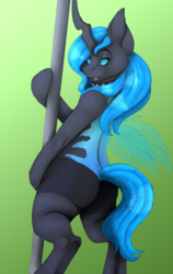 Size: 2528x4000 | Tagged: safe, artist:royalagate, derpibooru exclusive, oc, oc only, oc:fleet wing, changeling, semi-anthro, bipedal, blue changeling, blue eyes, blue hair, blue mane, butt, changeling oc, clothes, collar, fangs, female, halloween costume, plot, pole dancing, solo, spiked collar, stripper pole