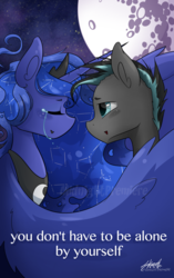 Size: 1024x1628 | Tagged: safe, artist:midnightpremiere, princess luna, oc, oc:star shadow, pony, g4, canon x oc, commission, crying, eyes closed, female, male, mare, mare in the moon, moon, smiling, stallion, straight