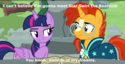 Size: 1767x909 | Tagged: safe, edit, edited screencap, screencap, sunburst, twilight sparkle, alicorn, pony, unicorn, g4, shadow play, caption, clothes, female, image macro, implied shipping, male, mare, meme, stallion, twilight sparkle (alicorn)