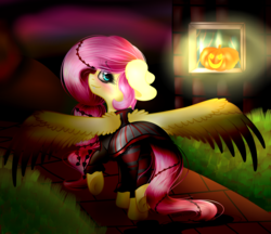 Size: 1608x1388 | Tagged: safe, artist:kindny-chan, fluttershy, pegasus, pony, vampire, vampony, g4, clothes, fangs, female, looking back, solo, underhoof