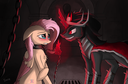Size: 3800x2500 | Tagged: safe, artist:sinniepony, fluttershy, king sombra, pegasus, pony, unicorn, g4, armor, bdsm, blushing, bondage, chains, chest fluff, collar, female, glowing horn, high res, horn, looking at each other, magic, male, mare, messy mane, prison, ship:sombrashy, shipping, slit pupils, smiling, stallion, straight, telekinesis