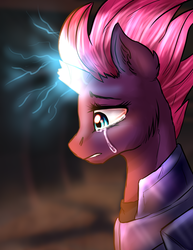 Size: 1479x1911 | Tagged: dead source, safe, artist:not-ordinary-pony, tempest shadow, pony, unicorn, g4, my little pony: the movie, armor, broken horn, bust, cheek fluff, crying, ear fluff, female, glowing horn, horn, mare, portrait, profile, sad, solo