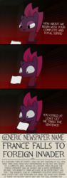 Size: 3008x8024 | Tagged: safe, artist:moonatik, derpibooru exclusive, fizzlepop berrytwist, tempest shadow, g4, my little pony: the movie, alternate ending, comic, dialogue, female, france, newspaper, semi-vulgar, solo, stereotype, surrender, text, wall of text, white flag