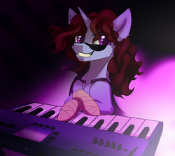 Size: 2220x1980 | Tagged: safe, artist:taneysha, oc, oc only, pony, bandage, clothes, facial hair, goatee, grin, keyboard, male, musical instrument, smiling, solo, stallion, sunglasses, uniform