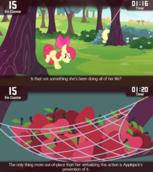 Size: 854x960 | Tagged: safe, screencap, apple bloom, applejack, cinemare sins, g4, somepony to watch over me, apple, apple orchard, applebucking, food, net, orchard