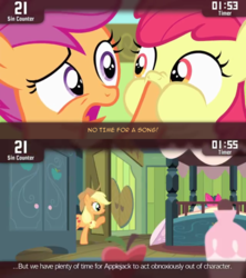 Size: 854x960 | Tagged: safe, screencap, apple bloom, applejack, scootaloo, cinemare sins, g4, somepony to watch over me, no time for a song