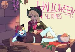 Size: 1280x893 | Tagged: safe, artist:dusty-munji, applejack, rainbow dash, human, g4, apple, cat ears, cat tail, clothes, duo, female, food, halloween, hat, holiday, humanized, pony coloring