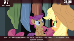 Size: 854x480 | Tagged: safe, edit, edited screencap, screencap, applejack, scootaloo, earth pony, pegasus, pony, cinemare sins, g4, somepony to watch over me, apple bloom's bow, bow, hair bow