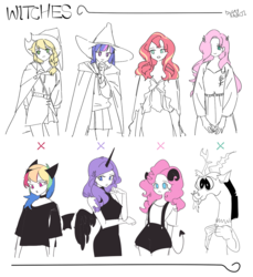 Size: 1280x1398 | Tagged: safe, artist:dusty-munji, applejack, discord, fluttershy, pinkie pie, rainbow dash, rarity, sunset shimmer, twilight sparkle, human, g4, clothes, female, halloween, hat, holiday, humanized, lesbian, male, mane six, pony coloring, ship:appledash, ship:discoshy, ship:rarilight, ship:sunsetpie, shipping, simple background, straight, white background, witch, witch hat