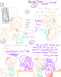 Size: 4779x6013 | Tagged: safe, artist:adorkabletwilightandfriends, coco pommel, rarity, earth pony, pony, unicorn, comic:adorkable twilight and friends, g4, absurd resolution, adorkable friends, blushing, butt, comic, curtains, cute, dialogue, duo, fashion, floppy ears, friendship, humor, lineart, mouth hold, plot, rain, sad, sewing machine, slice of life, stitching, teasing, window